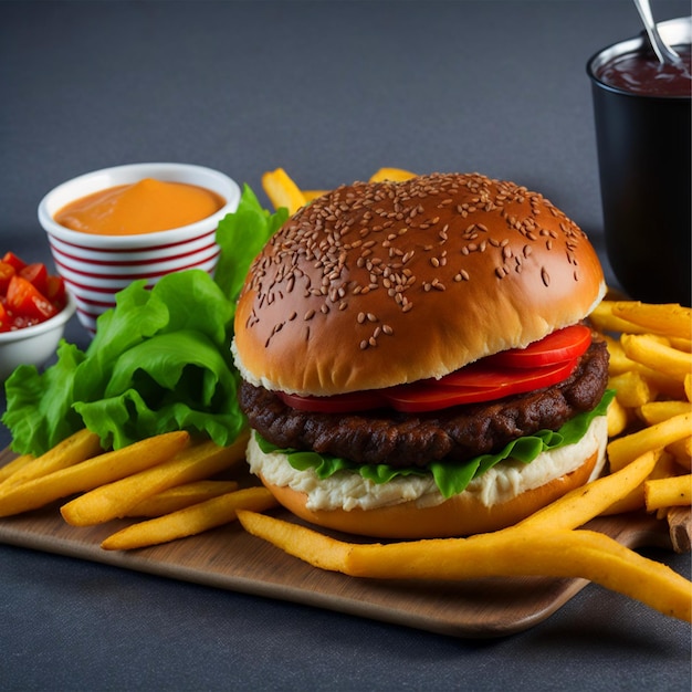 hamburger with juicy beef burger cheese tomato and red onion