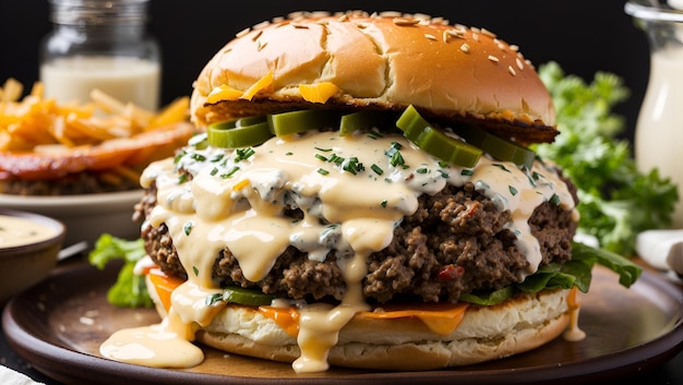 A hamburger with a juicy patty with melted cheddar cheese and a creamy garlic aioli