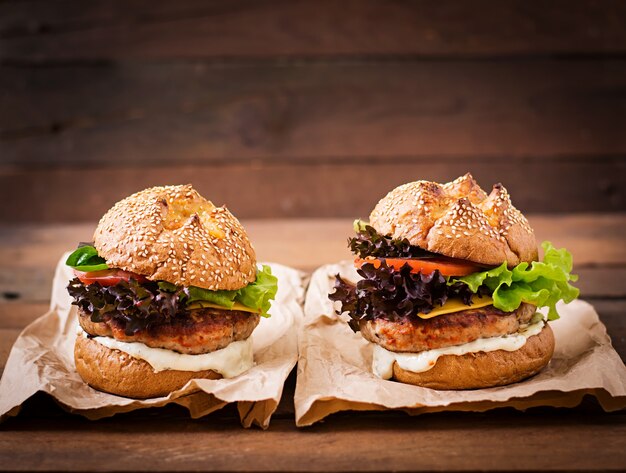 hamburger with juicy turkey burger, cheese, tomato and tartar sauce