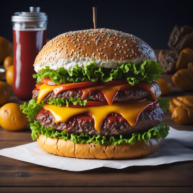 A hamburger with ketchup and tomato sauce sits on a napkin.