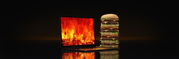 hamburger with laptop. 3d rendering