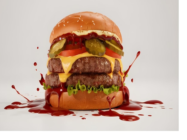 Photo a hamburger with a large hamburger on it that has a lot of ketchup on it