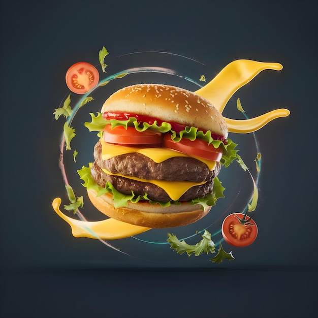 a hamburger with a large spoon and tomatoes on it