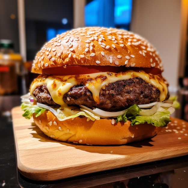 A hamburger with lettuce and cheese sits on a cutting board.