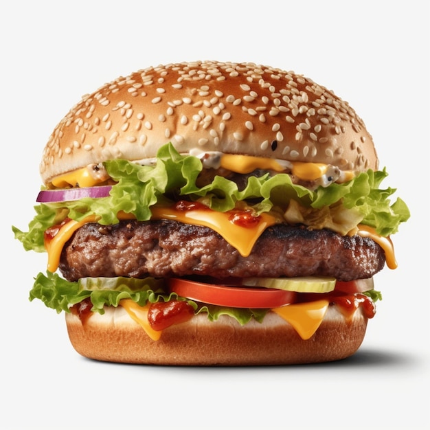 A hamburger with lettuce, tomato, and cheese on it