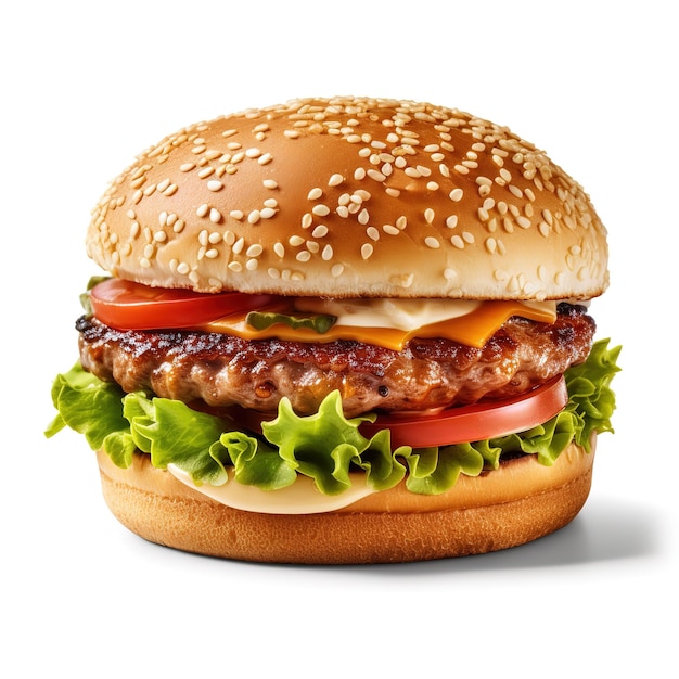 A hamburger with lettuce, tomato, and cheese on it