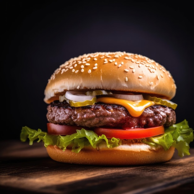 A hamburger with lettuce, tomato, and cheese on a wooden table.