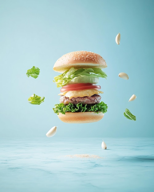 Photo a hamburger with lettuce and tomato on it is over water