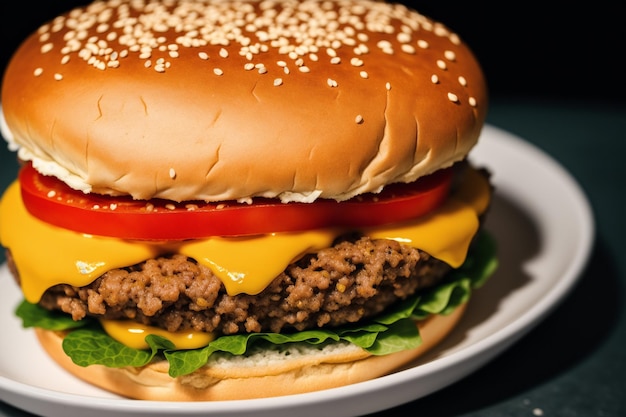 A hamburger with lettuce, tomato, and lettuce on it