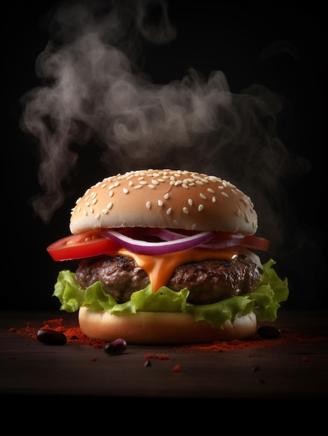 Hamburger with lettuce tomato melted cheese and meat patties on dark background