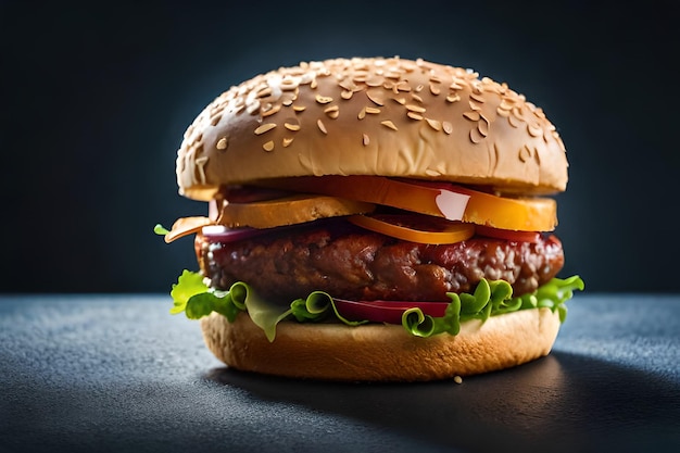 A hamburger with lettuce, tomato, and onion on a black background.