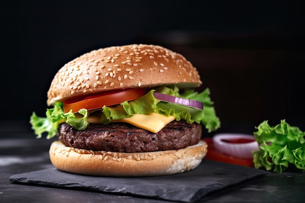 A hamburger with lettuce, tomato, and onion on a black board.