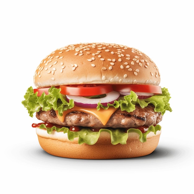 A hamburger with lettuce, tomato, and onion on it