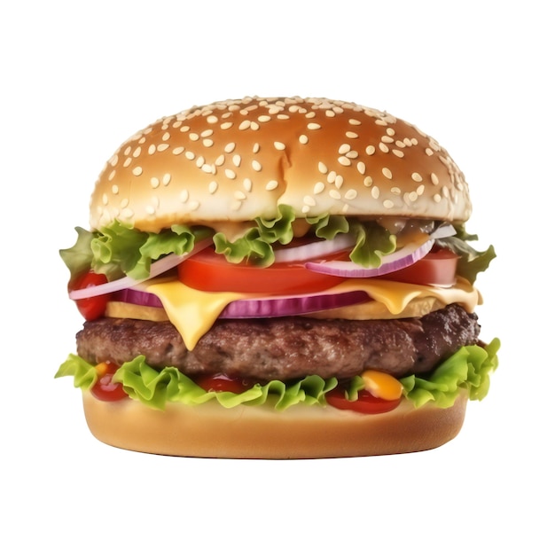 A hamburger with lettuce, tomato, and onion on it.