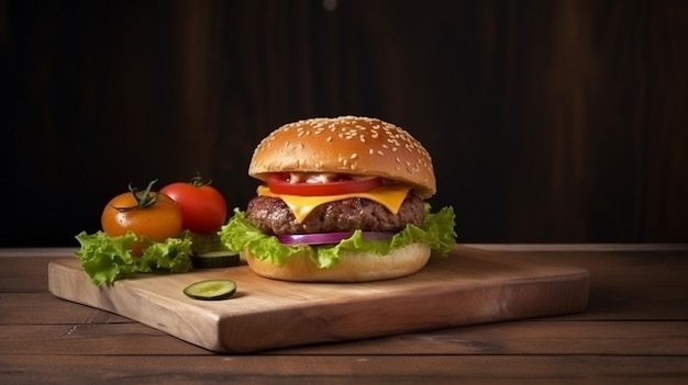 A hamburger with lettuce, tomato, and onion on a wooden cutting board.