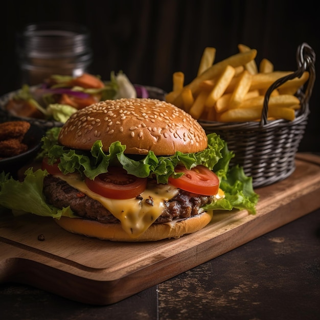 A hamburger with lettuce, tomato, and onion on a wooden cutting board.