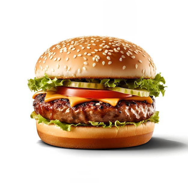 A hamburger with lettuce, tomato, and pickles sits on a white surface.