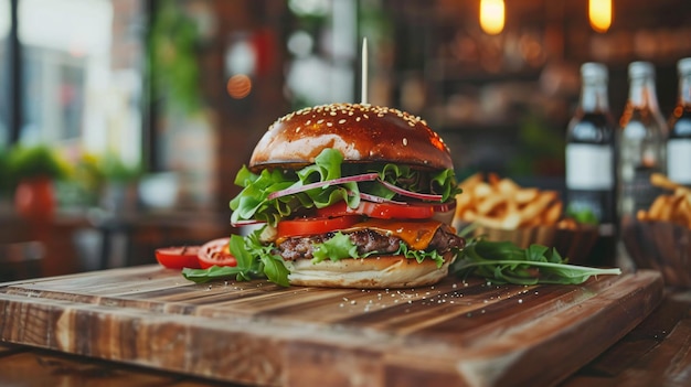 a hamburger with lettuce and tomatoes on a wooden table