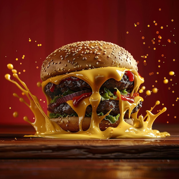 a hamburger with a lot of cheese on it is covered in melted cheese