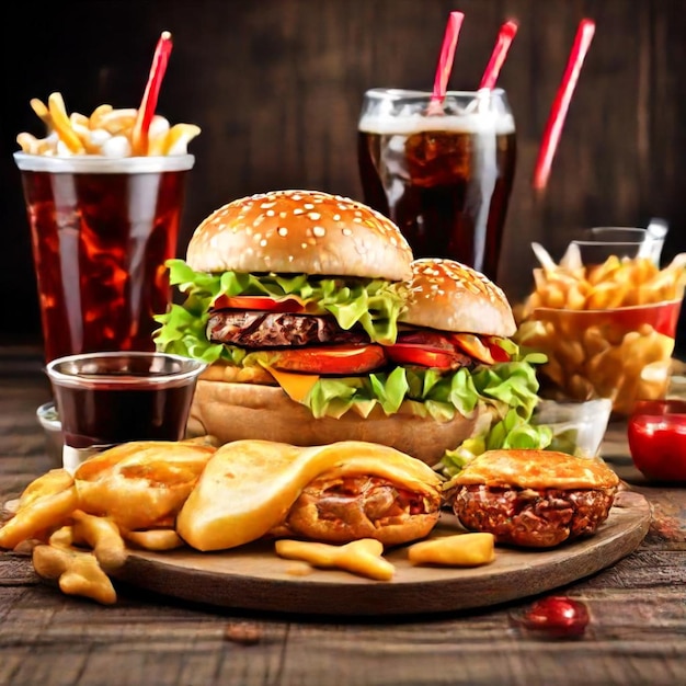 a hamburger with a lot of different flavors of food on a table