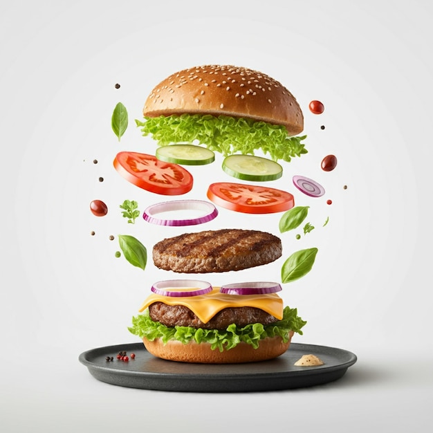 Photo a hamburger with a lot of vegetables on it