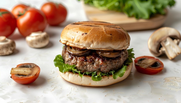 hamburger with mushrooms on light background