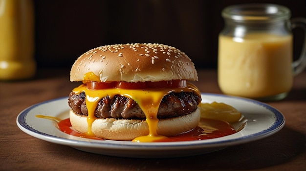 a hamburger with mustard and ketchup is on a plate