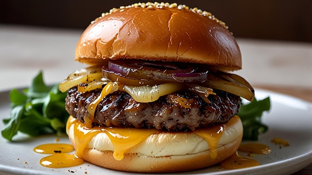 a hamburger with onions and onions on it sits on a white plate