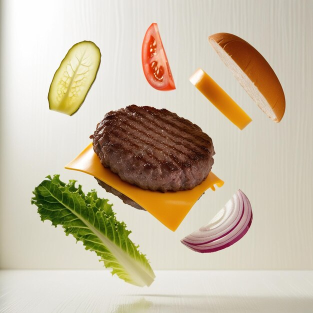 Photo a hamburger with a piece of lettuce and tomatoes on a table