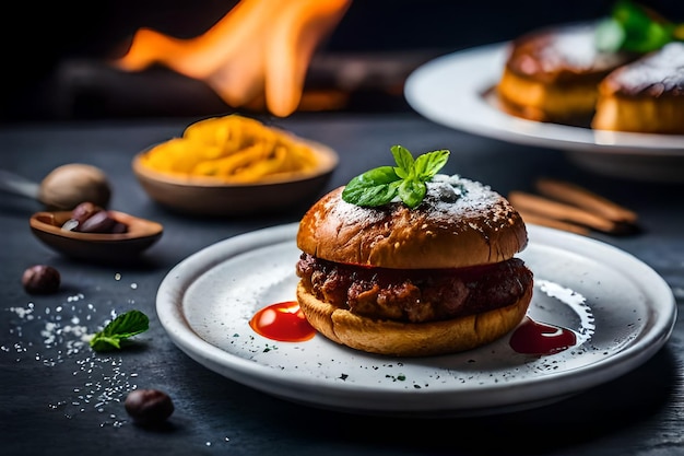 a hamburger with a piece of meat on it sits on a plate with other plates of food