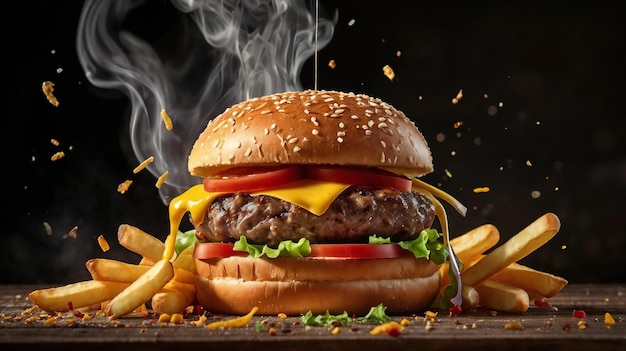 a hamburger with a pile of fries and a hamburger with a smoke coming out of it