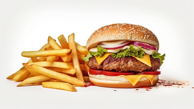 A hamburger with a pile of fries next to it.