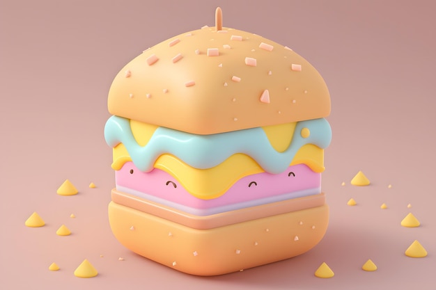 A hamburger with a pink background and a yellow and blue face.