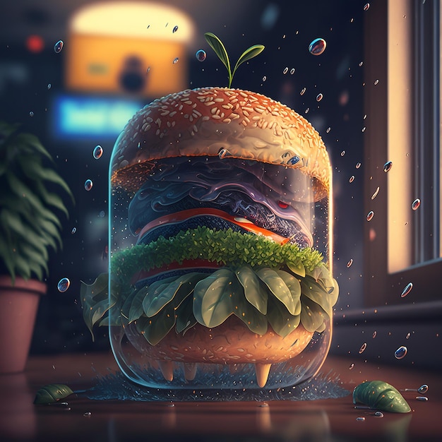 A hamburger with a plant inside of it