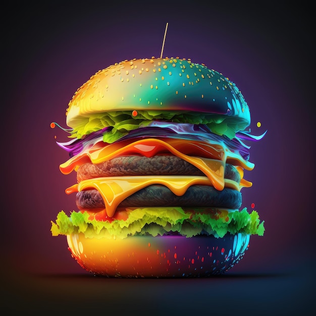 A hamburger with a rainbow colored topping is displayed on a purple background