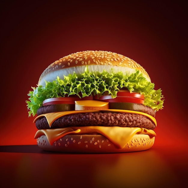 A hamburger with a red background and a green lettuce on it.