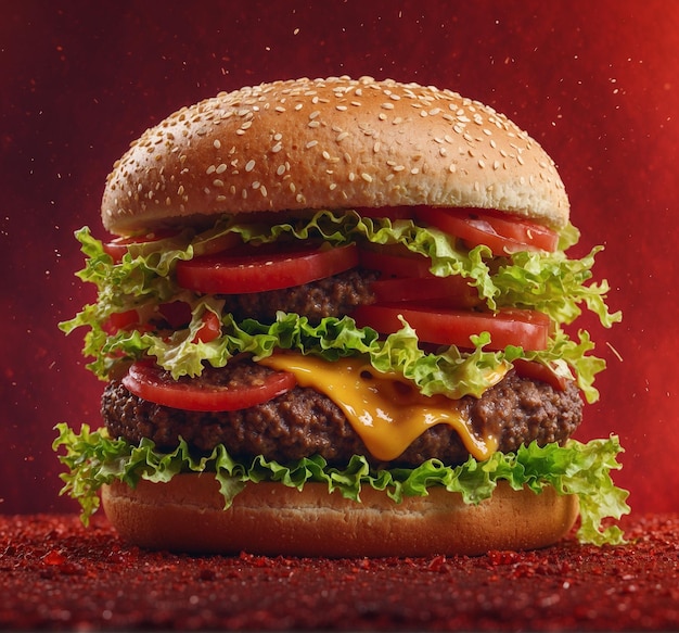 a hamburger with a red background and a red background