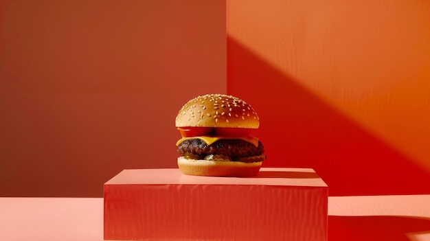 a hamburger with a red background and a red wall behind it