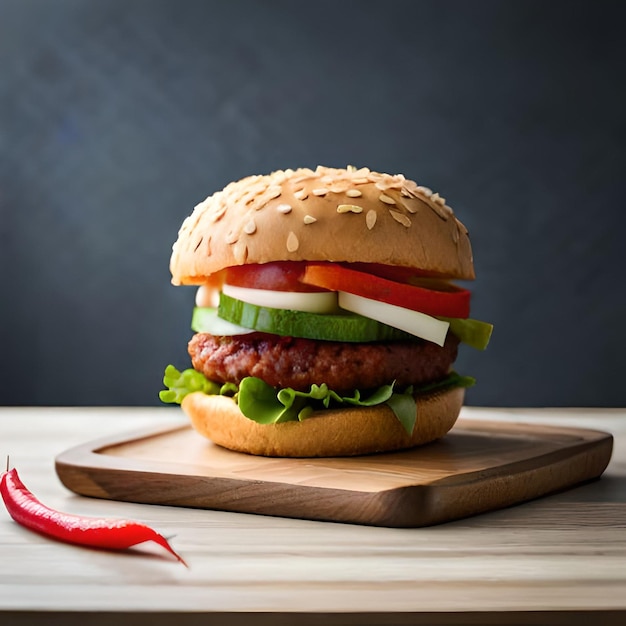 A hamburger with a red pepper on it sits on a wooden board.