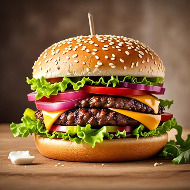 a hamburger with a red ribbon on it sits on a wooden table