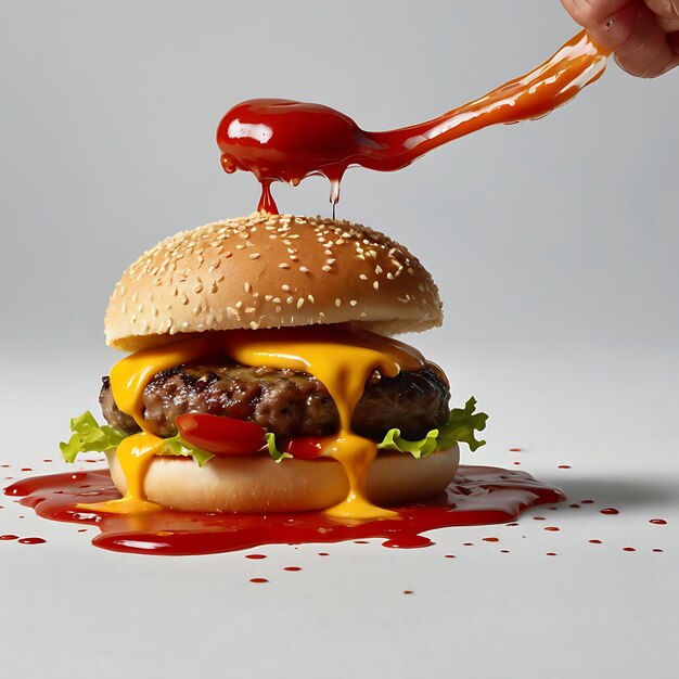 Photo a hamburger with a red sauce on it is being eaten