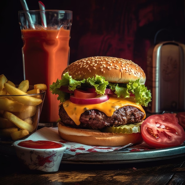 A hamburger with a red straw next to it