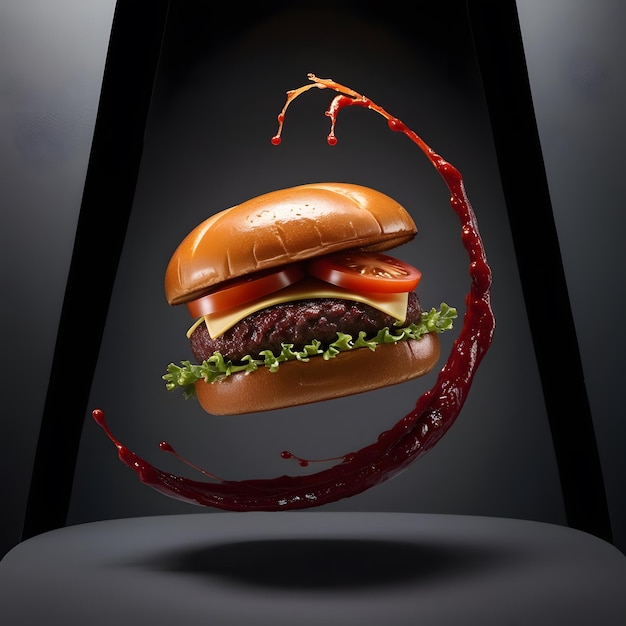 Photo a hamburger with a red wine splashing out of it