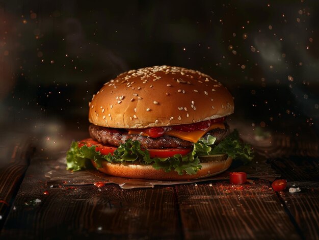 Photo hamburger with renaissance theme studio photography against dark background