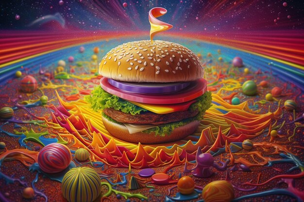 Hamburger with a river of rainbow ketchup