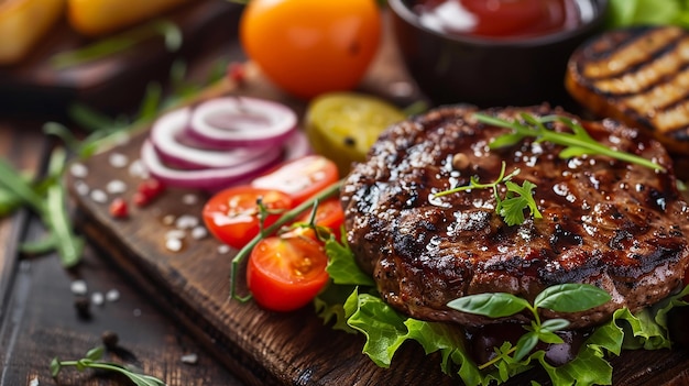 Photo a hamburger with a salad of lettuce and tomatoes