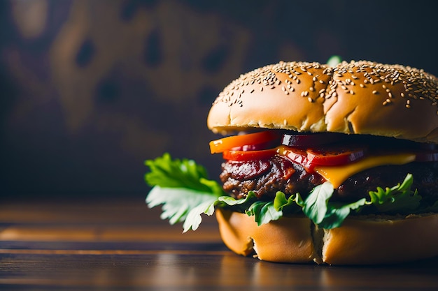 A hamburger with a sesame seed bun and a sesame seed bun.