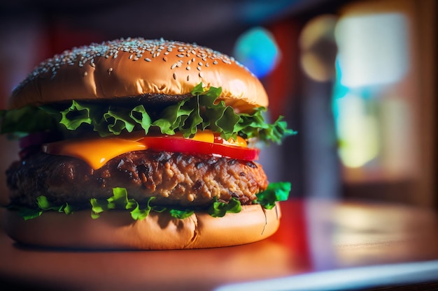 A hamburger with a sesame seed bun and a tomato on it