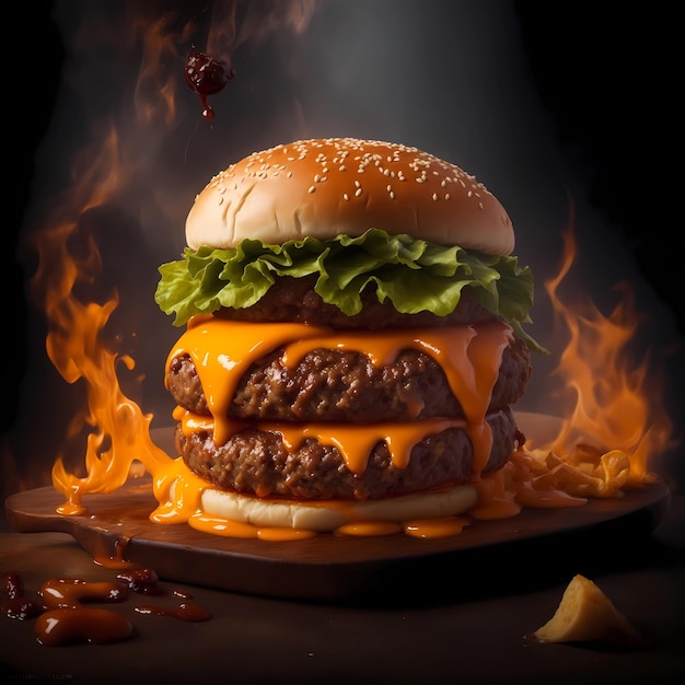 a hamburger with sesame seeds on it is in flames.