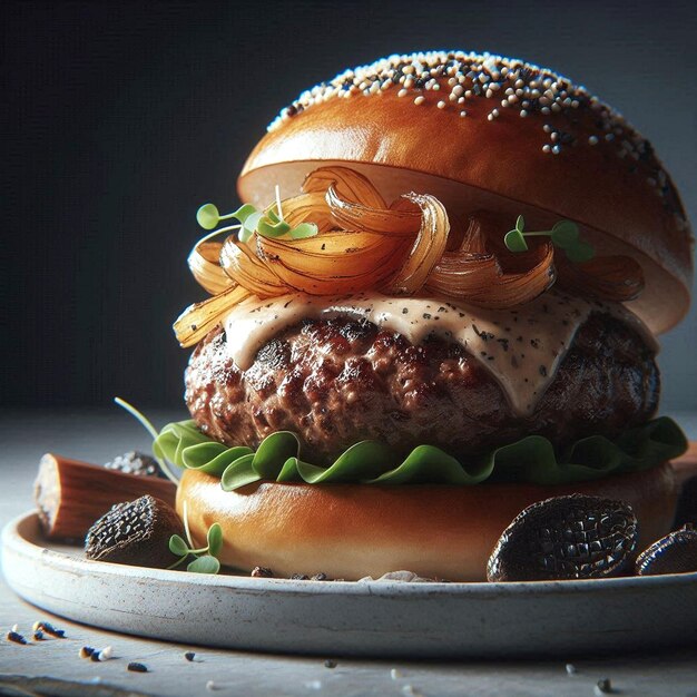 a hamburger with sesame seeds on it sits on a plate